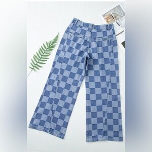 Blue Checkered Wide-Leg Pants